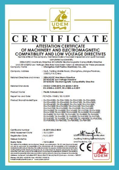 China Changzhou Dali Plastics Machinery Co., Ltd Certification